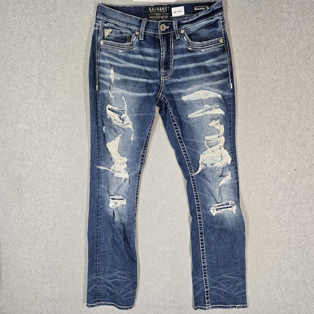 Salvage Supply Co Men Jeans 30 Blue Denim Mayhem Straight Distressed 29" Inseam